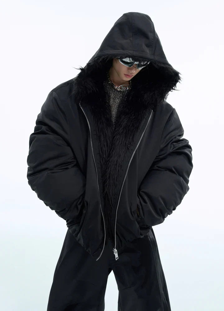 Thick silhouette down style fur hoodie style jacket