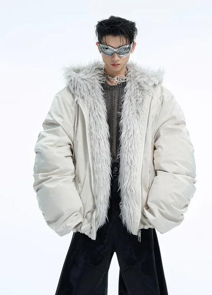 Thick silhouette down style fur hoodie style jacket