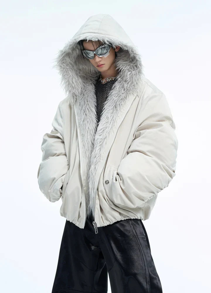 Thick silhouette down style fur hoodie style jacket