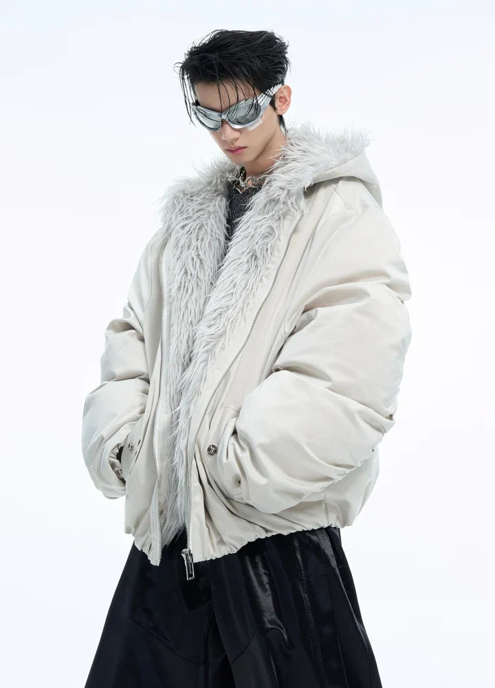 Thick silhouette down style fur hoodie style jacket