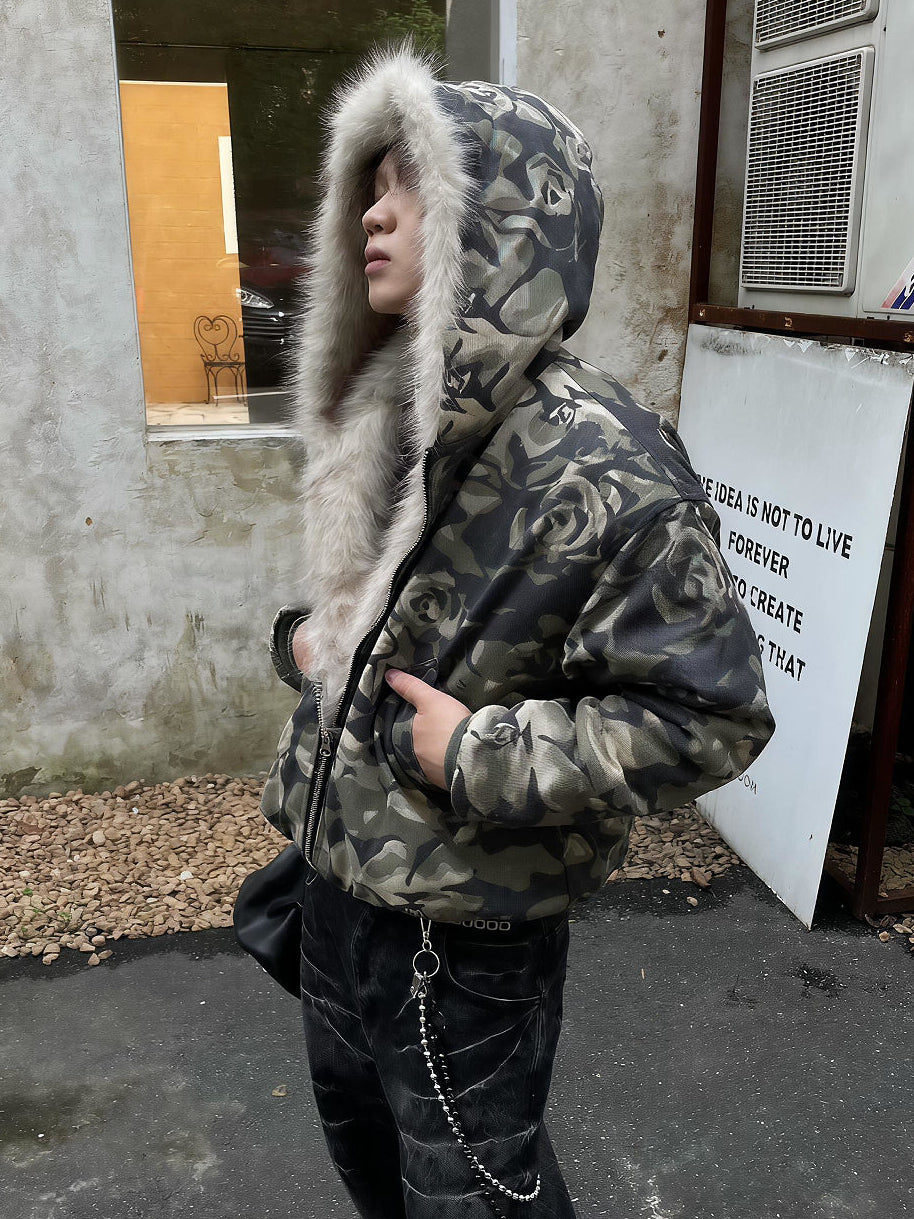 CAMO HOOD FUR JACKET