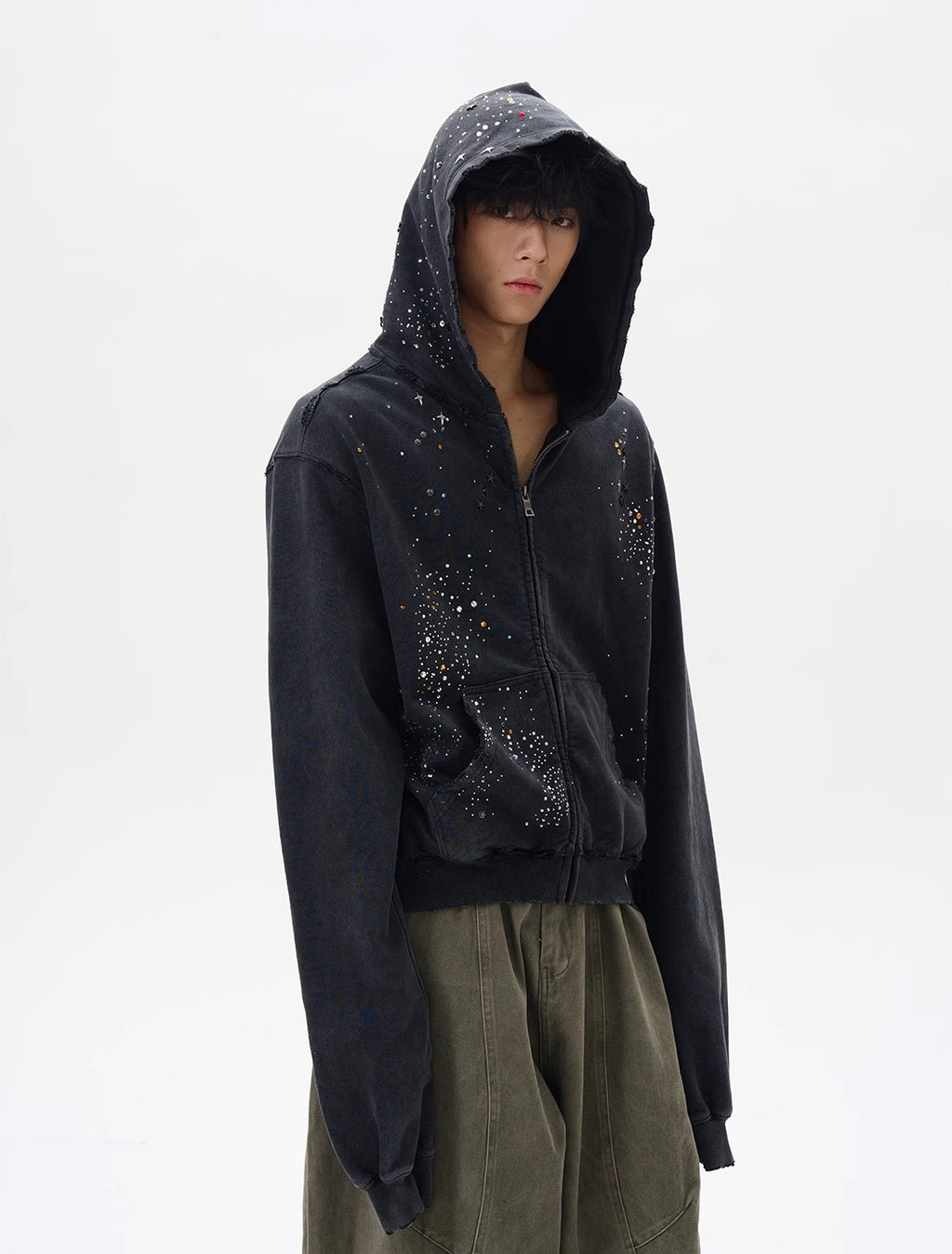 RHINESTONE DAMAGED ZIPPED HOODIE