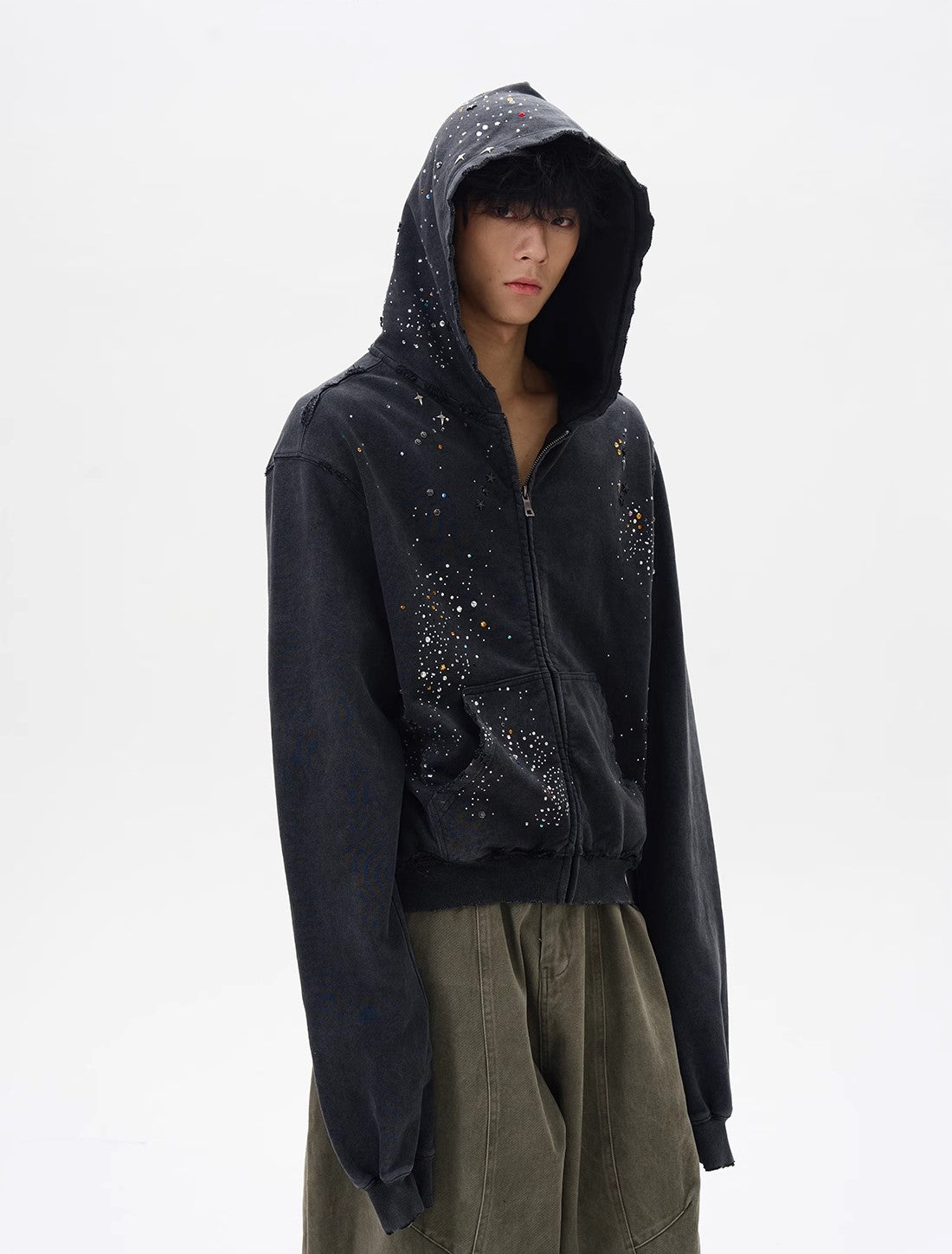 RHINESTONE DAMAGED ZIPPED HOODIE
