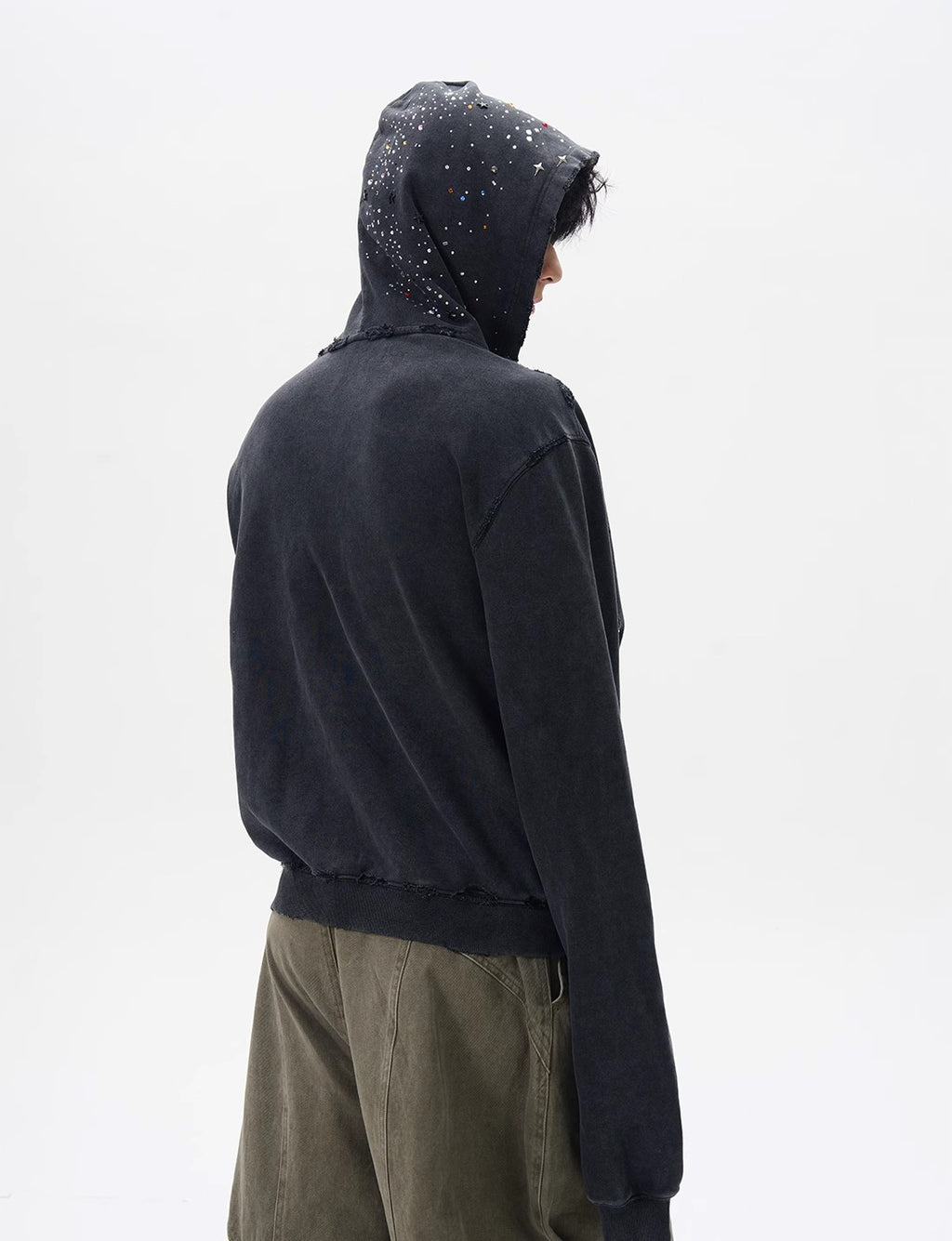 RHINESTONE DAMAGED ZIPPED HOODIE