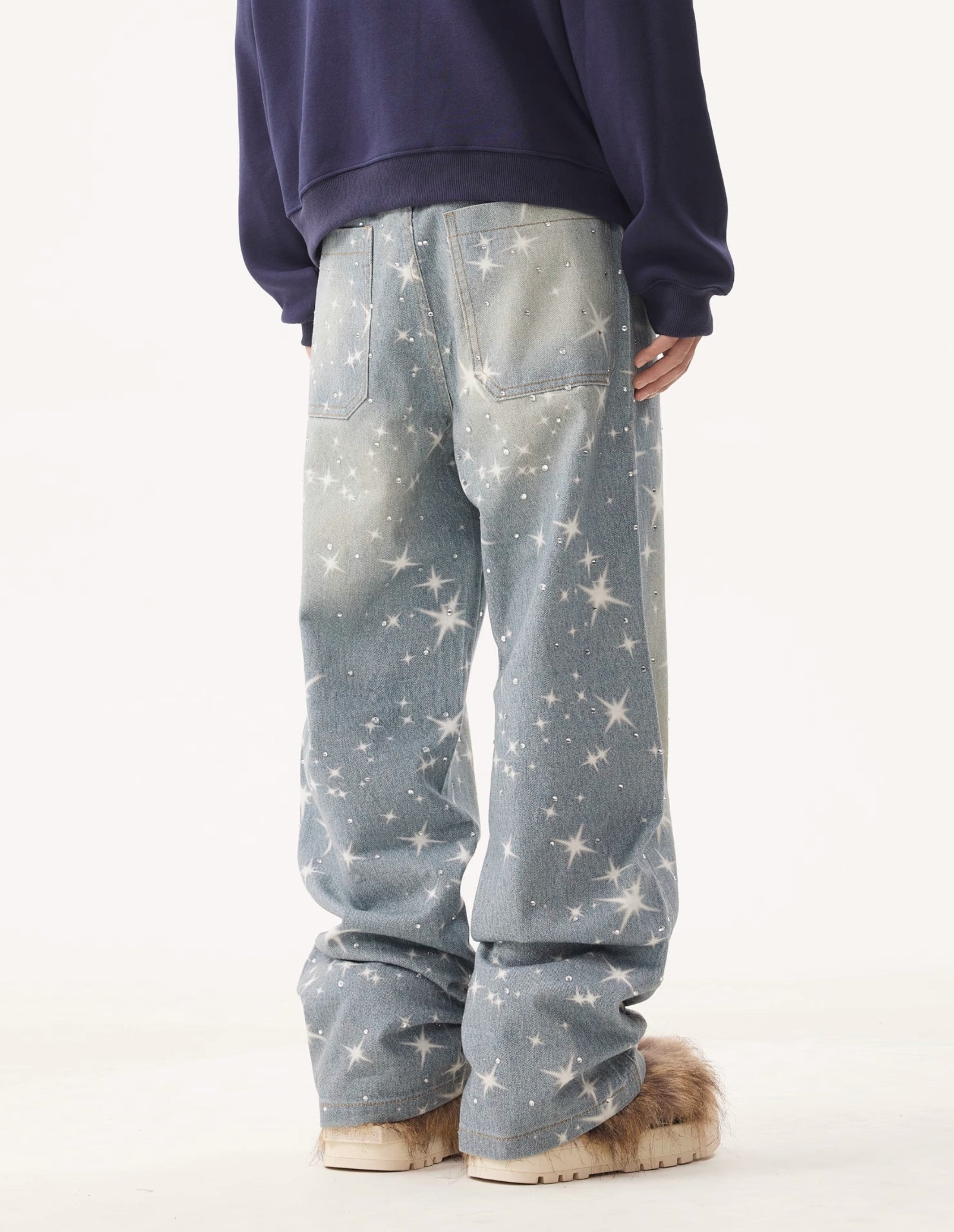 VINTAGE WASHED RHINESTONES STAR PRINT DENIM PANTS