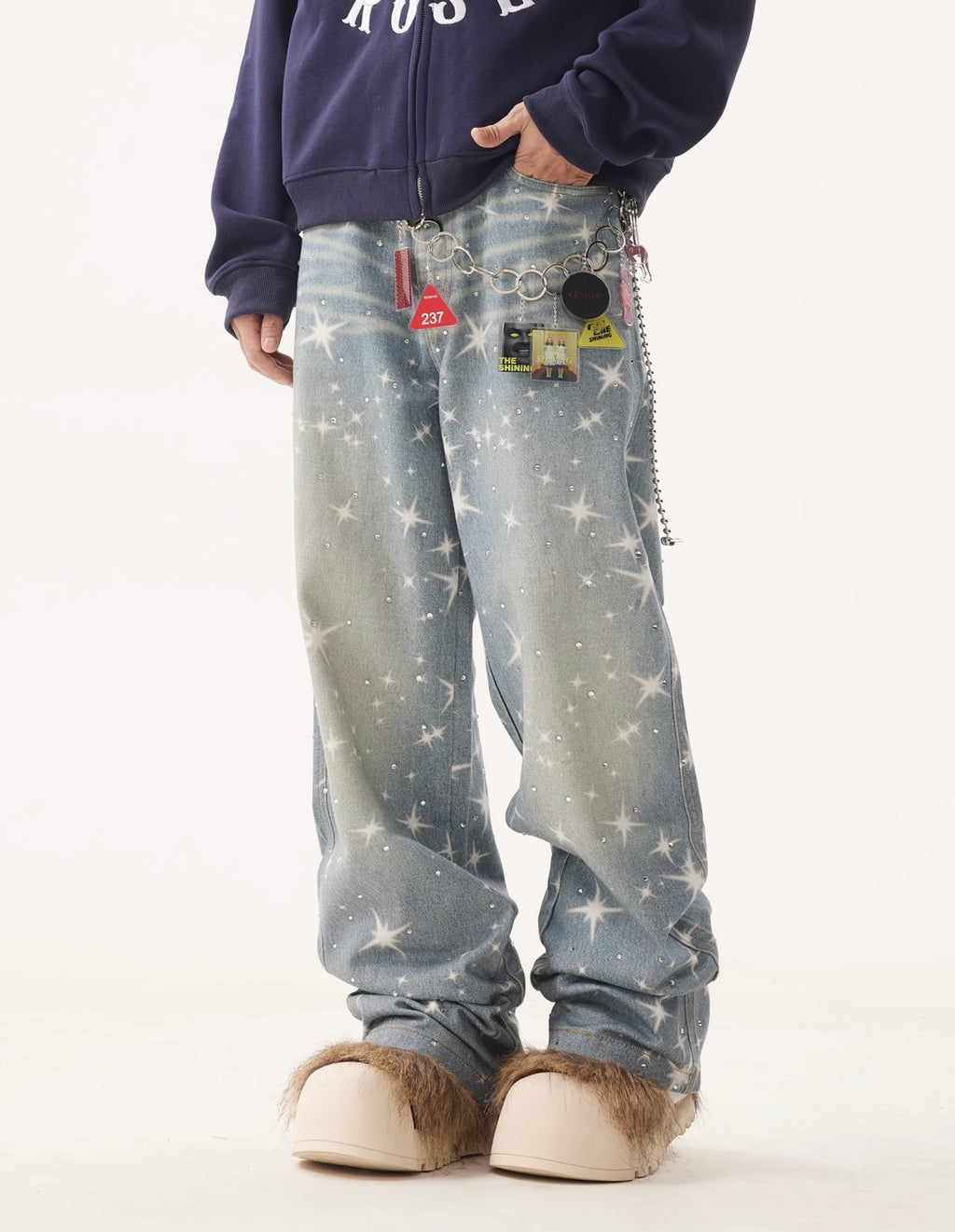 VINTAGE WASHED RHINESTONES STAR PRINT DENIM PANTS