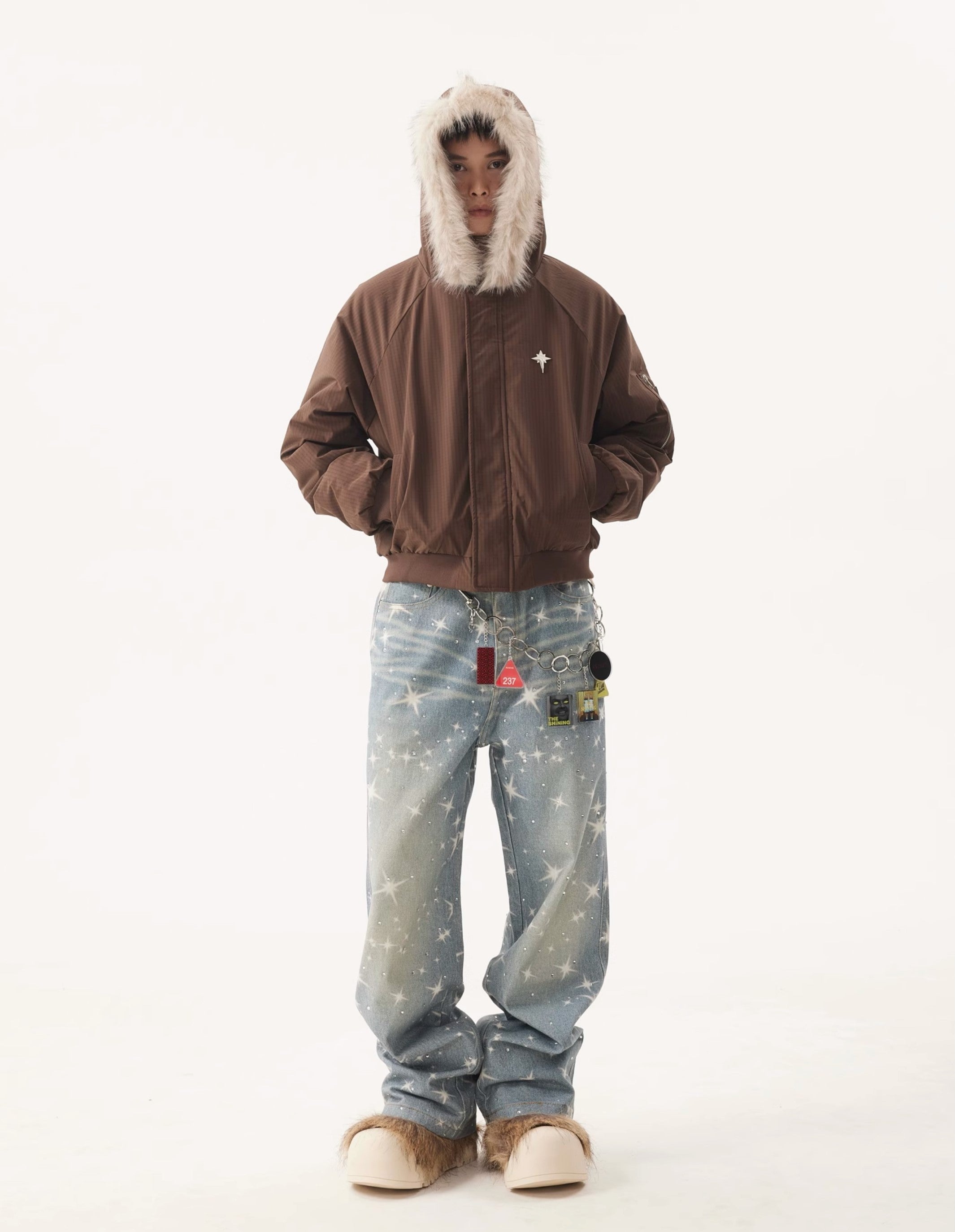 VINTAGE WASHED RHINESTONES STAR PRINT DENIM PANTS