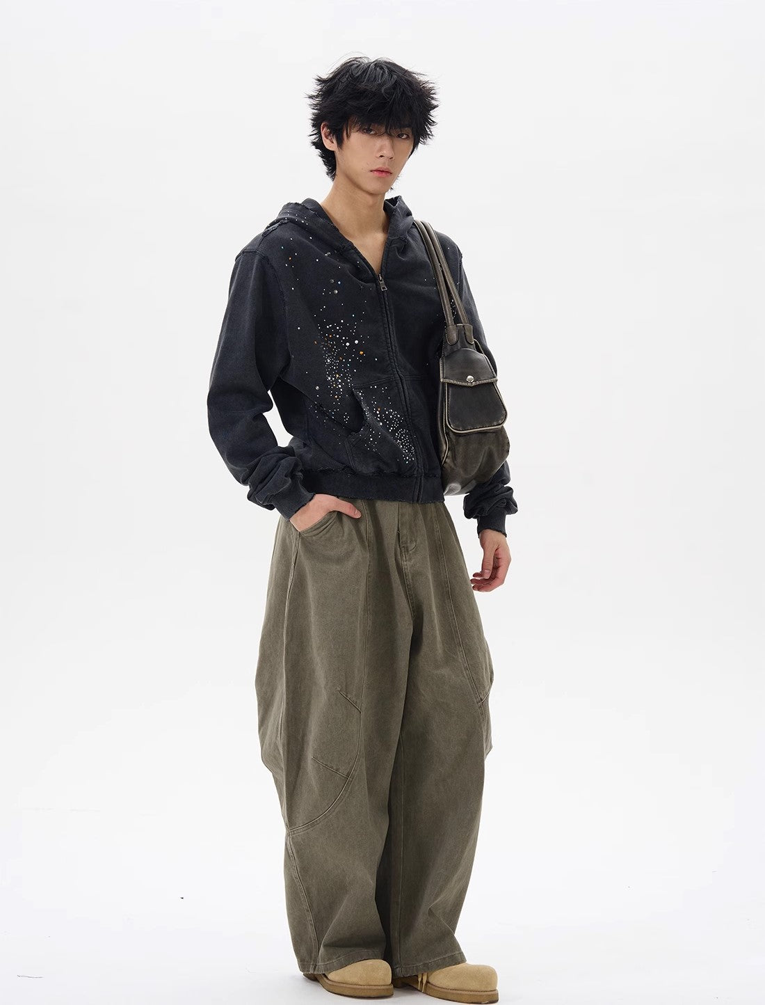 RHINESTONE DAMAGED ZIPPED HOODIE