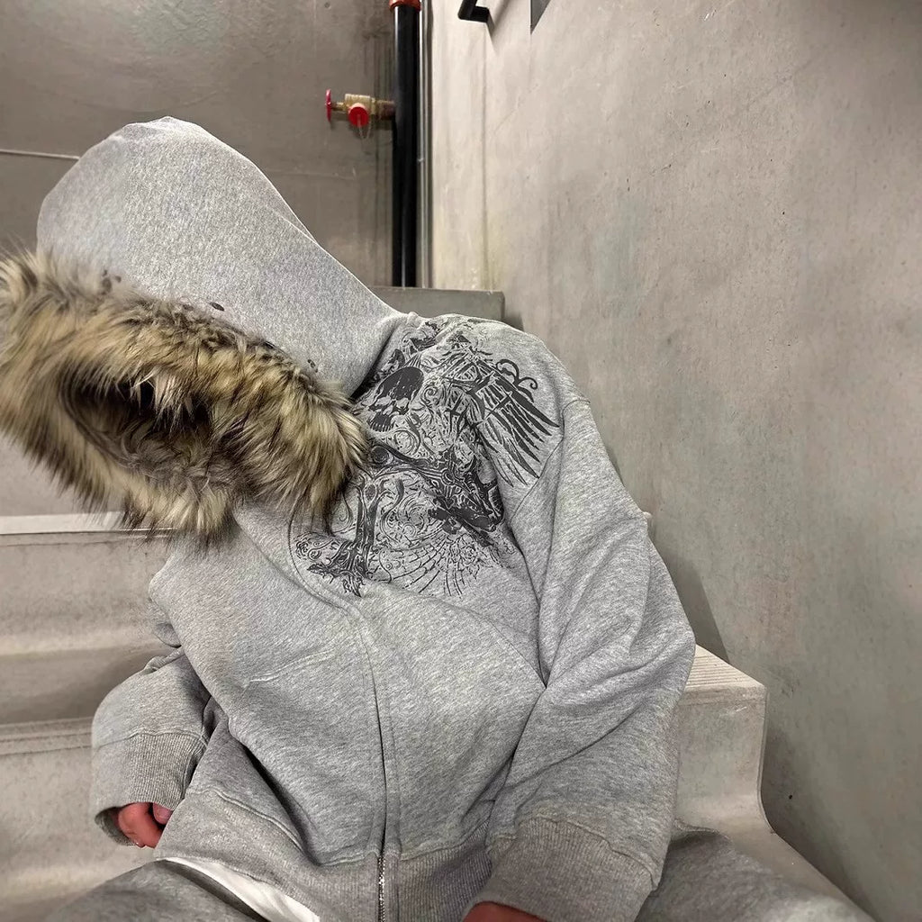 GRAPHIC FUR ZIPPED HOODIE