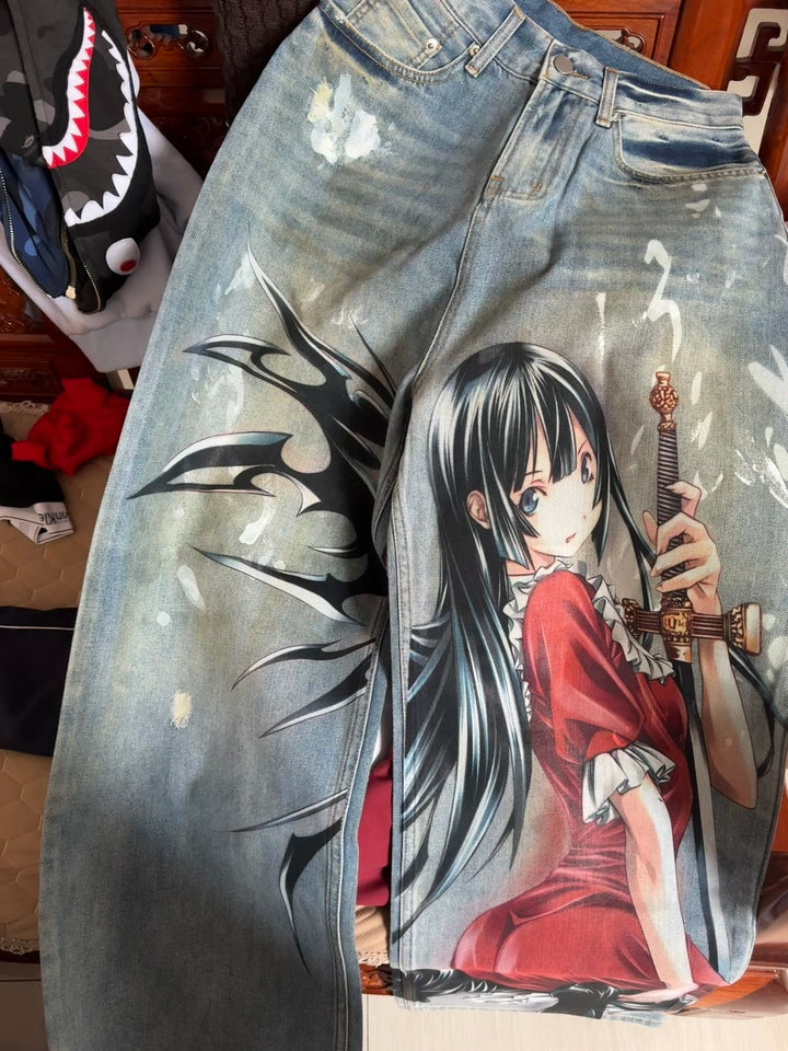 ILLUSTRATION ART PRINT DENIM PANTS