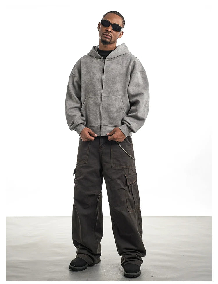 DISTRESSED WASHED ZIP UP HOODIE