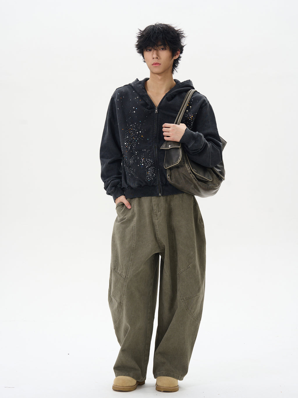 RHINESTONE DAMAGED ZIPPED HOODIE