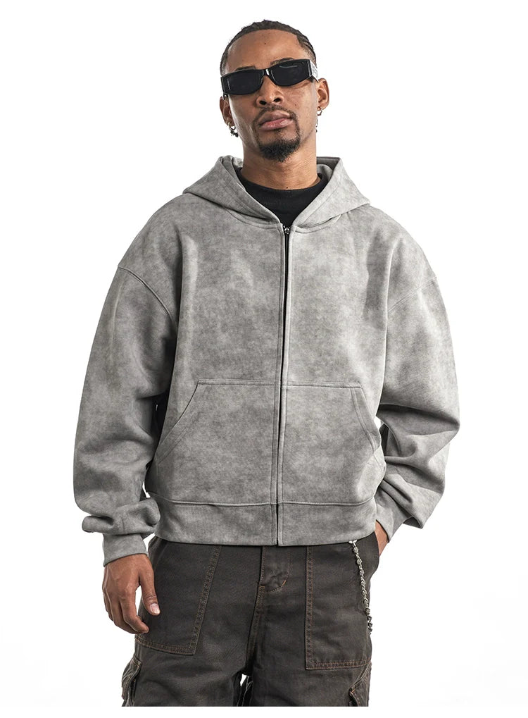 DISTRESSED WASHED ZIP UP HOODIE