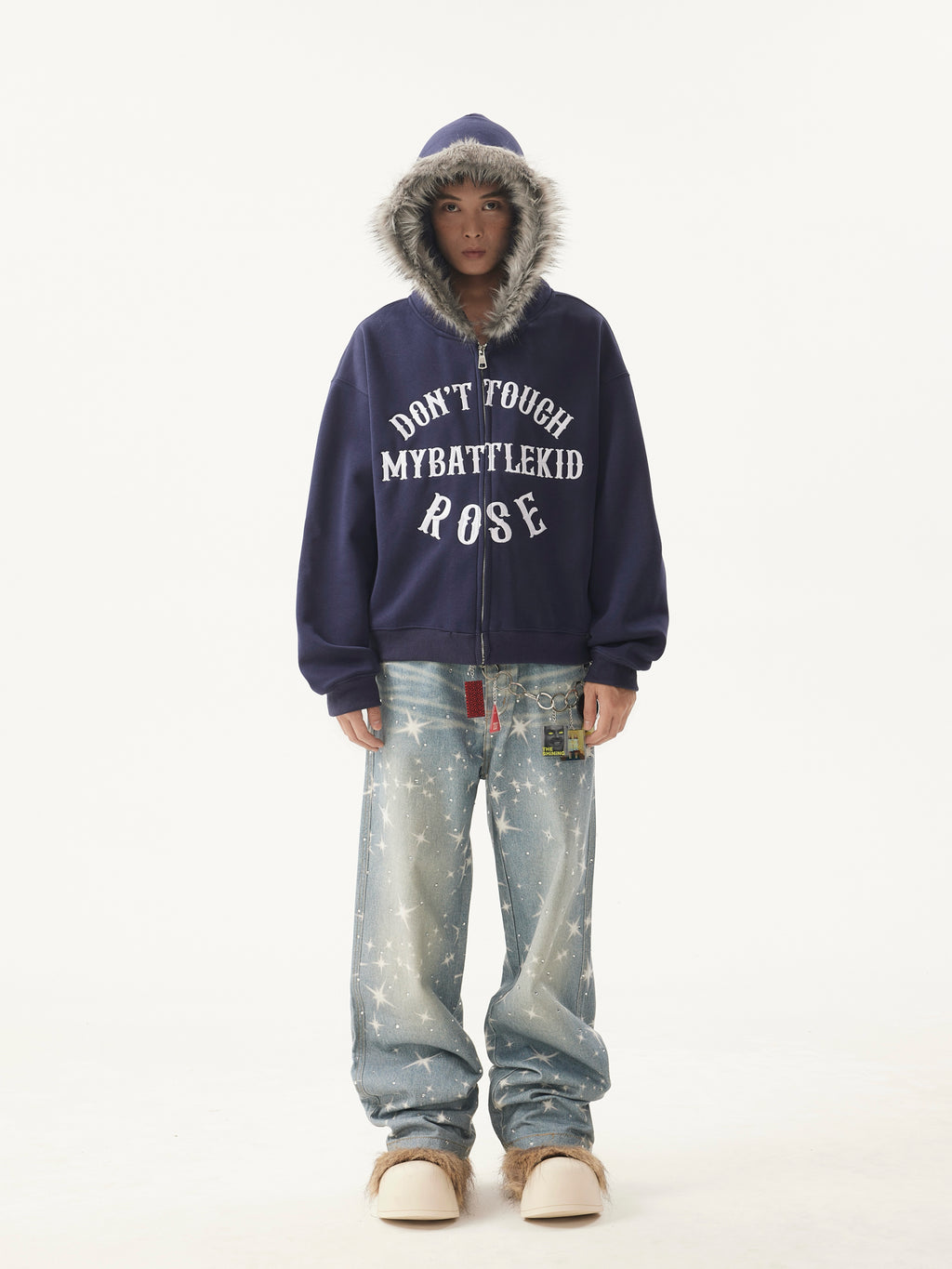 VINTAGE WASHED RHINESTONES STAR PRINT DENIM PANTS