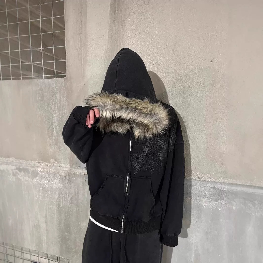 GRAPHIC FUR ZIPPED HOODIE