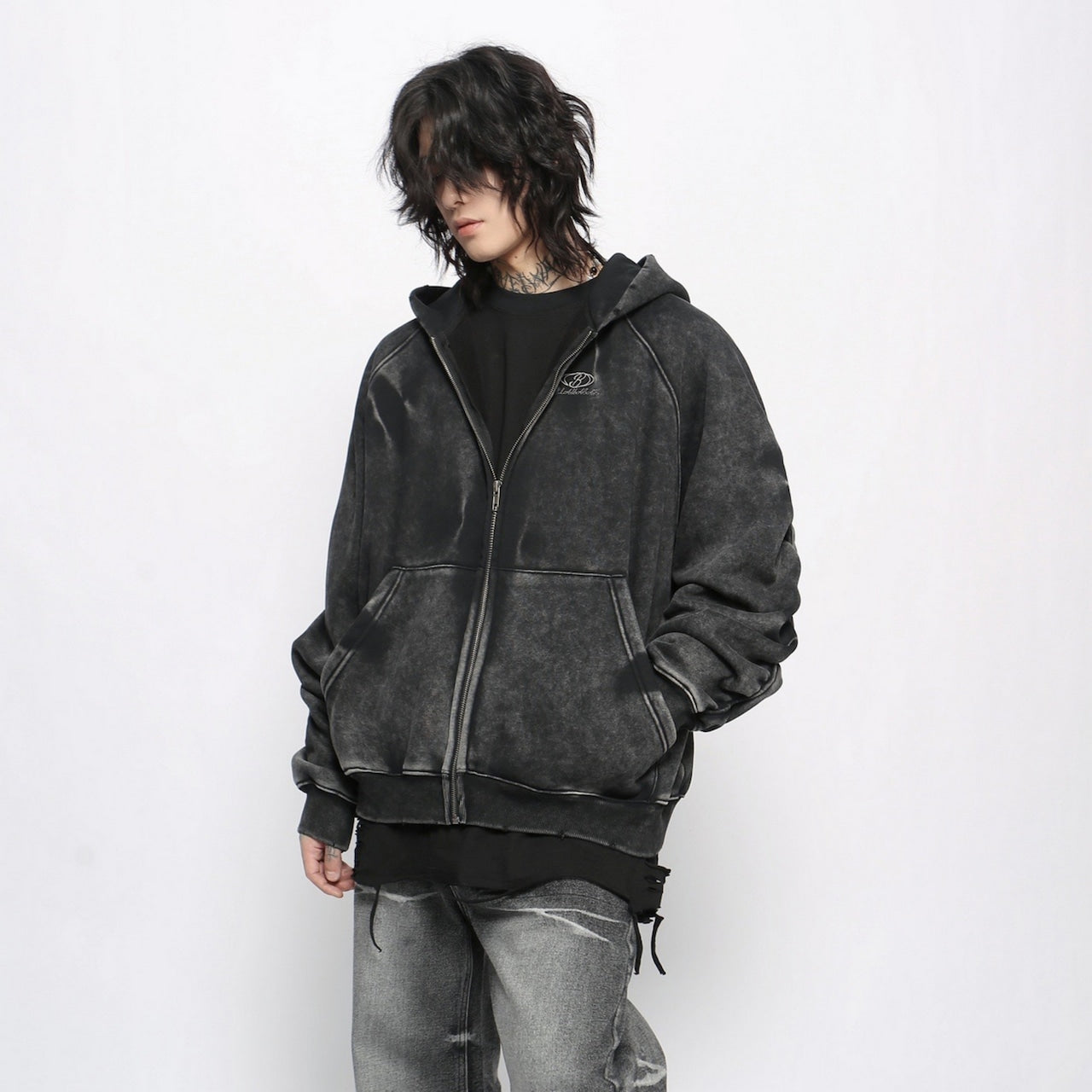 GRUNGE WASHED ZIP HOODIE