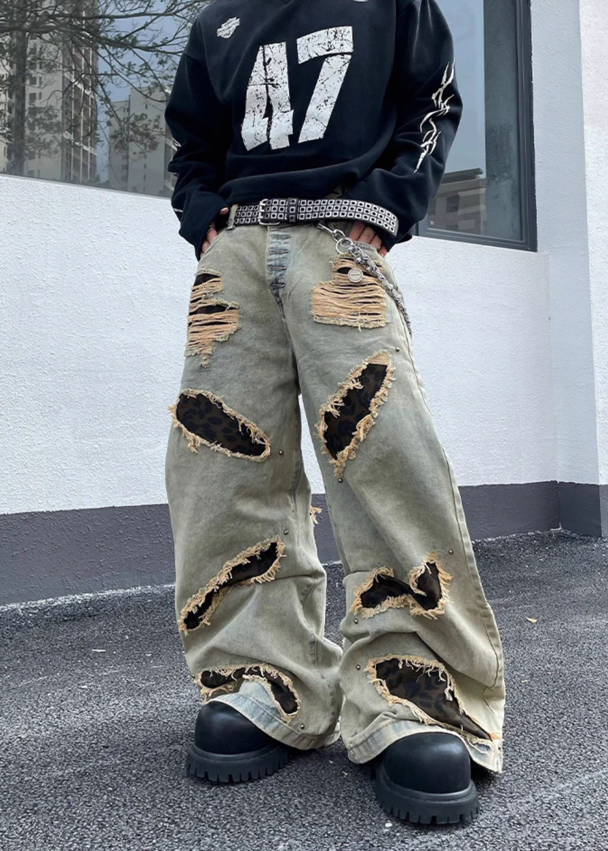 LEOPARD BAGGY DENIM PANTS